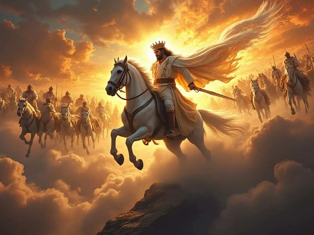 End Times And Eschatology: Ultimate Guide To Biblical Prophecy Digital Illustration Of A Regal Figure, Representing Christ, Wearing A Crown And A Flowing White Robe, Riding A Majestic White Horse On A Cloudshrouded Mountain, Leading A Vast Army Of Riders Through A Brilliant, Golden Sky At Sunset.