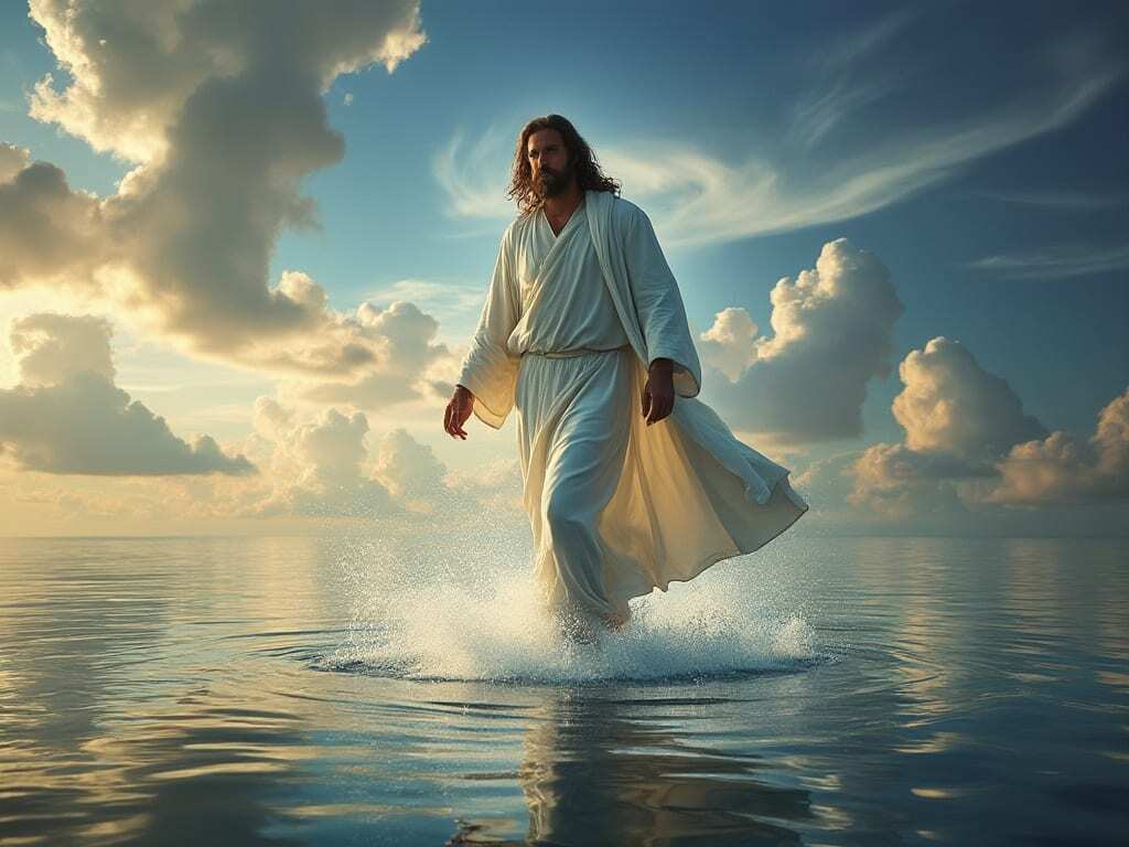 Jesus walking on water representing the Bible topic of miracles.