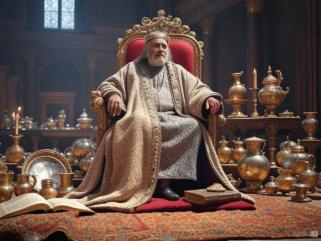 Solomon on his throne representing wisdom in the Bible.