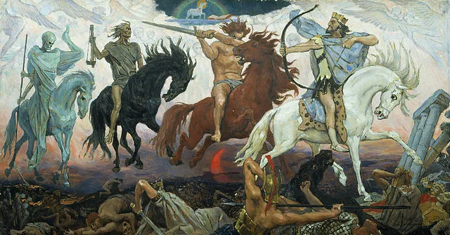 End Times And Eschatology: Ultimate Guide To Biblical Prophecy A Dramatic Painting Of The Four Horsemen Of The Apocalypse: A Crowned Archer On A White Horse (Conquest), A SwordWielding Rider On A Red Horse (War), A Figure With A Scale On A Black Horse (Famine), And A Skeletal Figure On A Pale Horse (Death), All Charging Over A Battlefield.