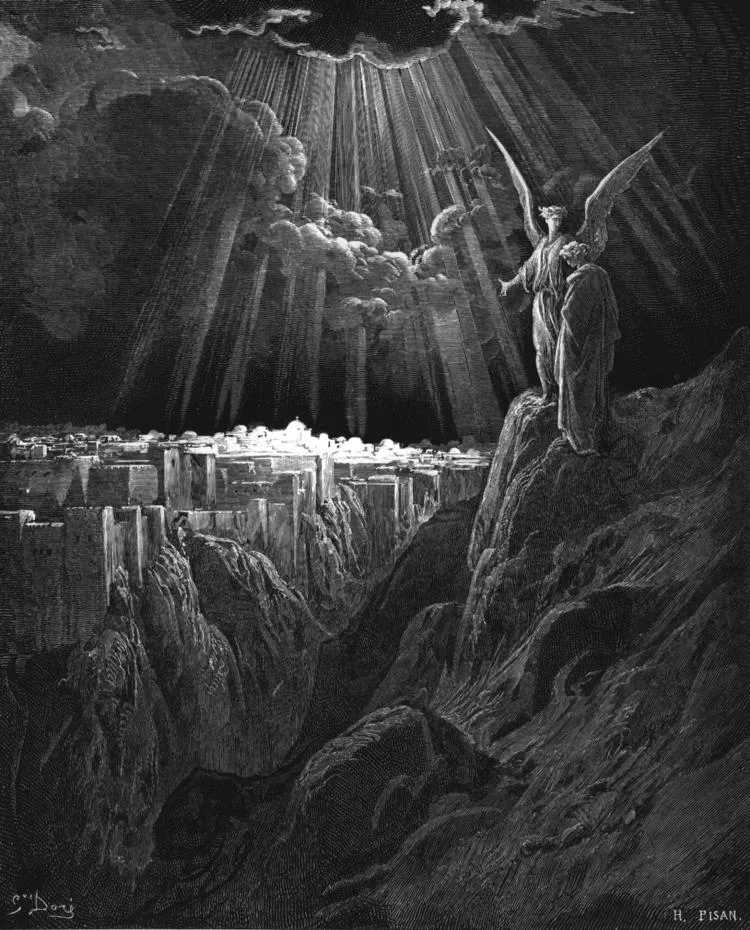 End Times And Eschatology: Ultimate Guide To Biblical Prophecy Engraving Of An Angel Showing A Figure A Brightly Lit, Walled City, Likely The New Jerusalem, Emerging From The Clouds Above A Deep Chasm.