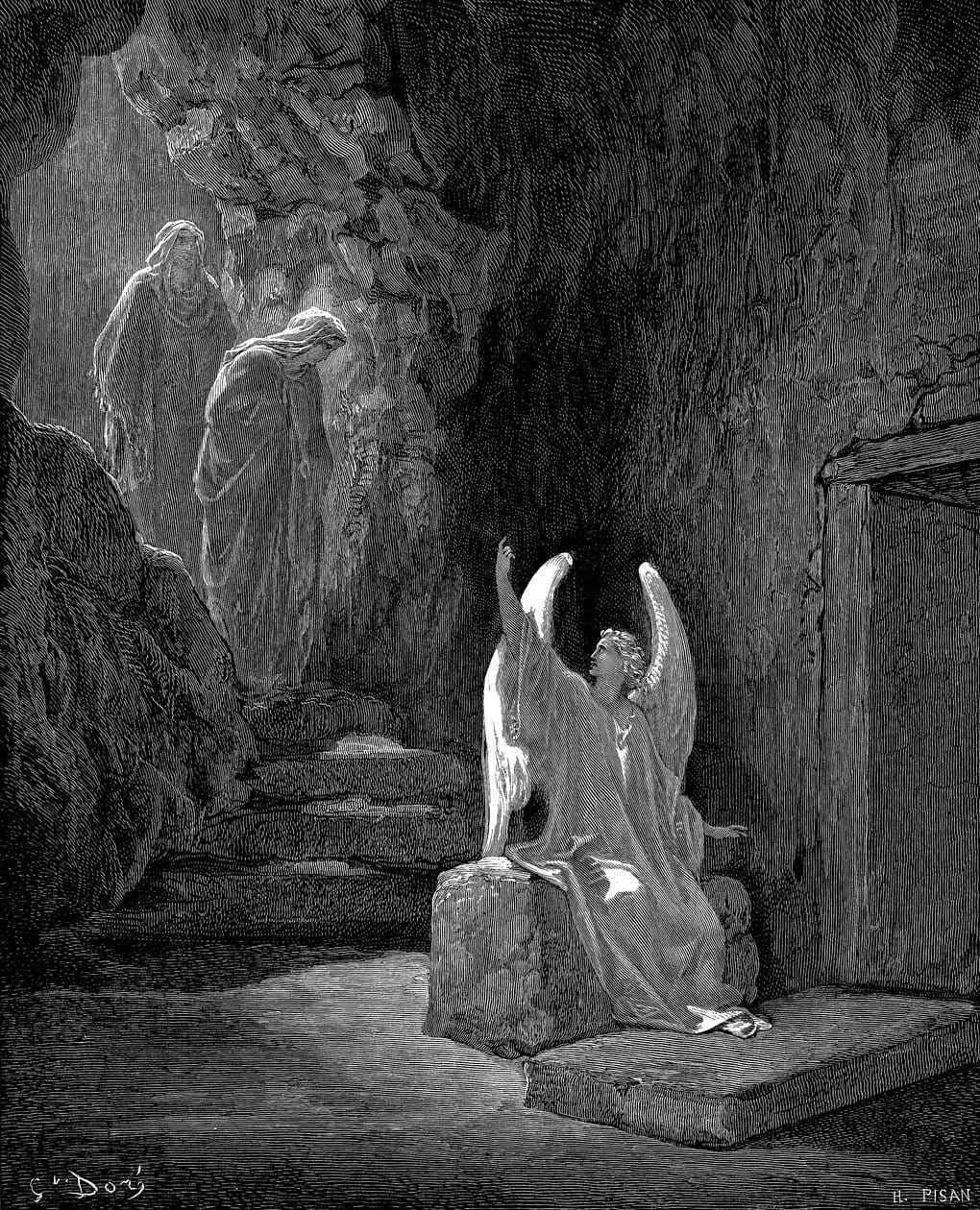 Angel Showing Mary Magdalene and the Other Mary Christs Empty Tomb by Gustave Dore representing salvation in the Bible