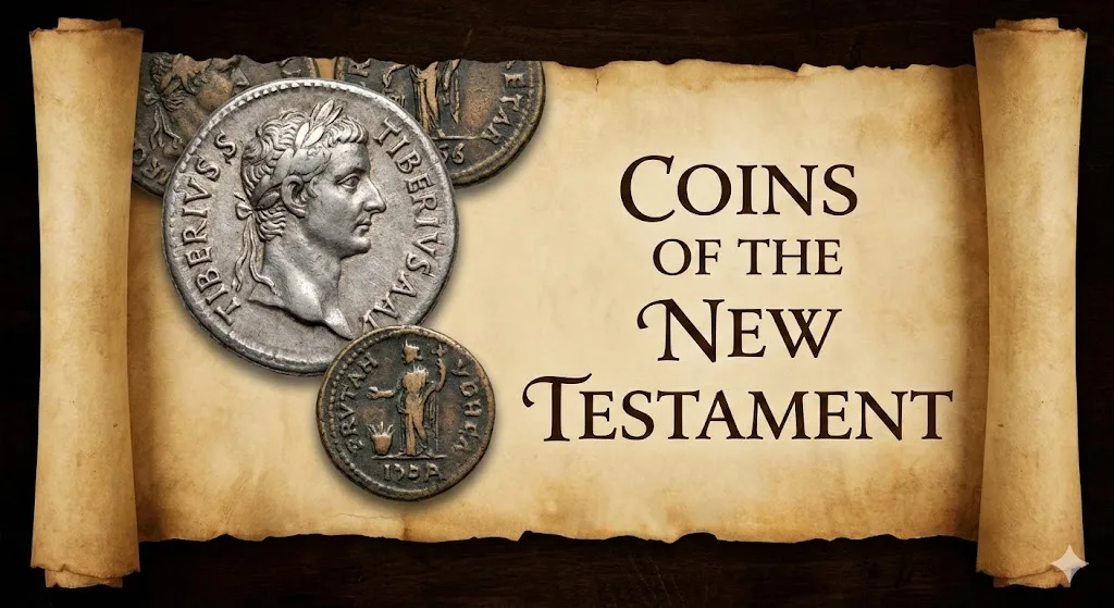 A Parchment Scroll Displaying The Title &Quot;Coins Of The New Testament&Quot; Alongside A Silver Tiberius Denarius (Tribute Penny) And A Bronze Judean Prutah.