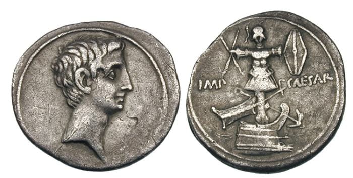 octavian-augustus-imp-caesar-denarius Silver Denarius of Octavian (Augustus) featuring a naval trophy on a ship's prow and the inscription IMP CAESAR, one of the first New Testament coins.