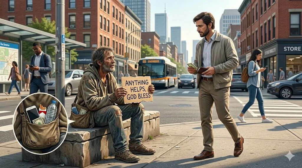 A Modern Example Of The Biblical Definition Of Kindness And Using Discernment An Illustration Depicting The Biblical Definition Of Kindness In A Modern Urban Setting, Showing A Homeless Man With A Sign And A Thoughtful Donor.